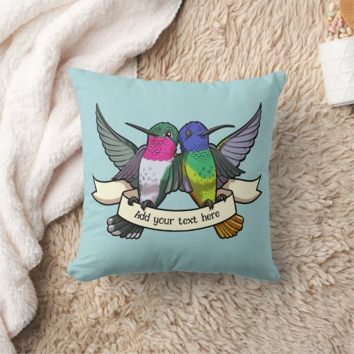 Cute Hummingbirds Custom Text Ribbon Birds Artwork Throw Pillow