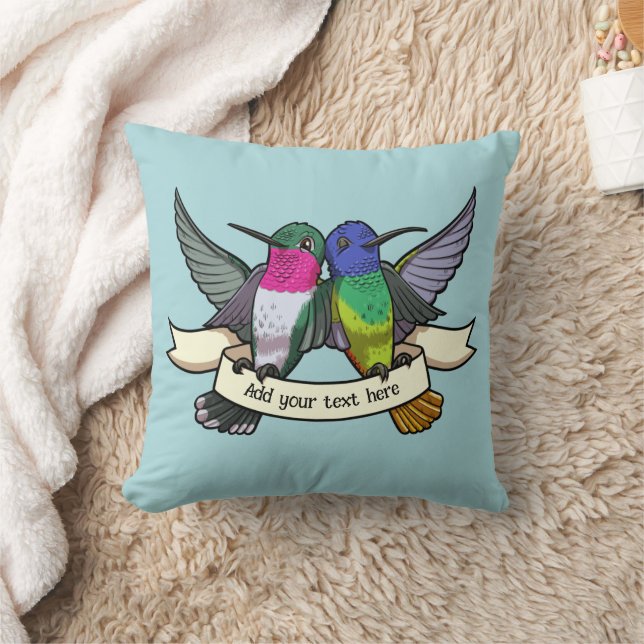 Cute Hummingbirds Custom Text Ribbon Birds Artwork Throw Pillow (Blanket)