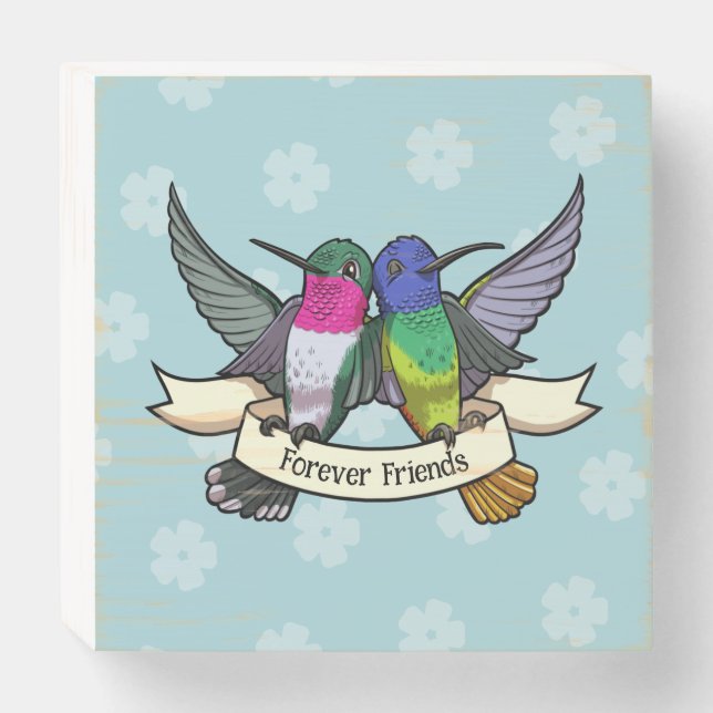 Cute Hummingbirds Forever Friends Ribbon Cartoon Wooden Box Sign (Front Horizontal)