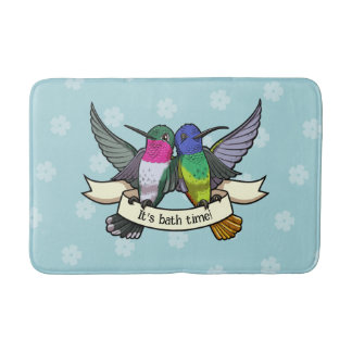 Cute Hummingbirds It's Bath Time! Ribbon Cartoon Bath Mat