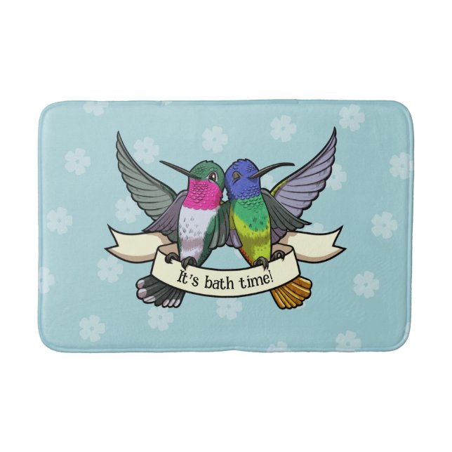 Cute Hummingbirds It's Bath Time! Ribbon Cartoon Bath Mat (Front)