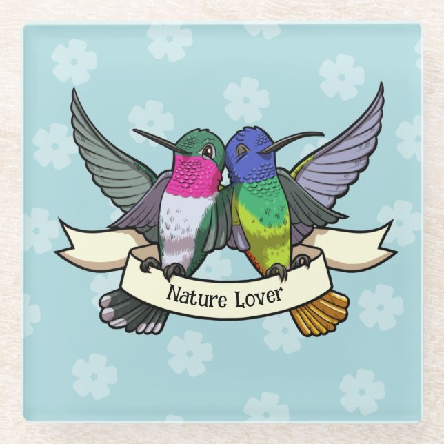 Cute Hummingbirds Nature Lover Ribbon Cartoon Glass Coaster (Front)