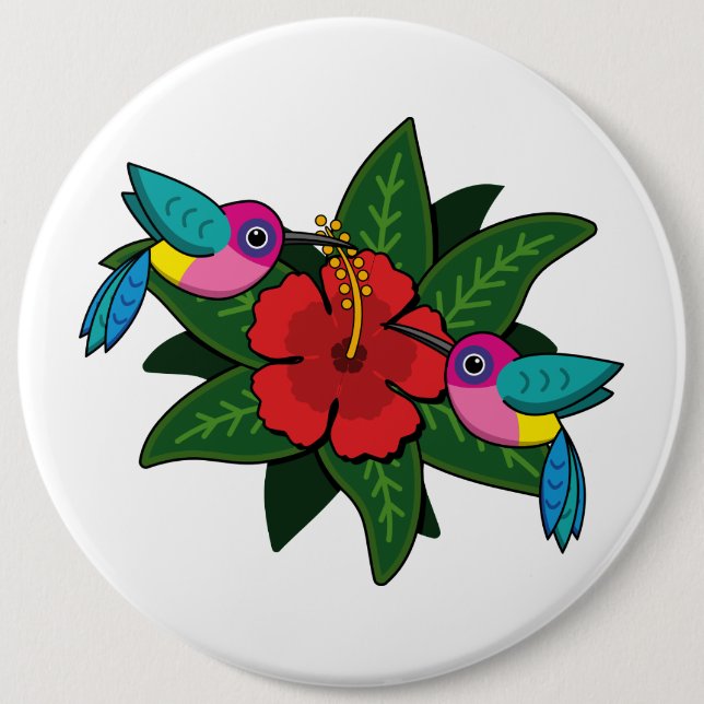 Cute Hummingbirds on Hibiscus Flower Cartoon - W Button (Front)