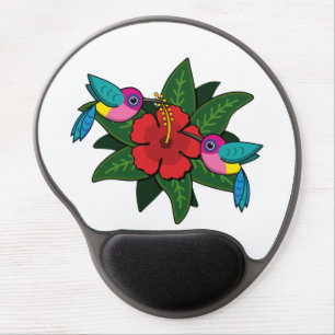 Cute Hummingbirds on Hibiscus Flower Cartoon - W Gel Mouse Pad