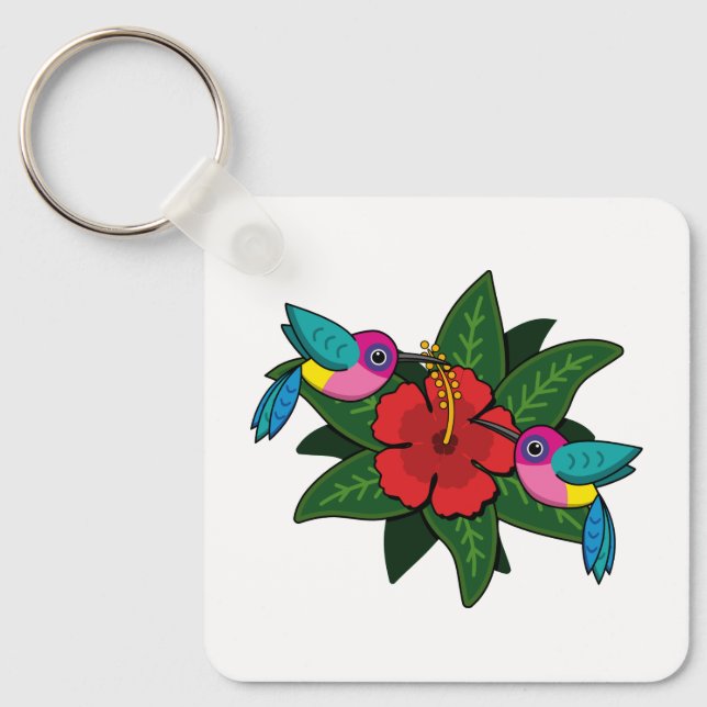 Cute Hummingbirds on Hibiscus Flower Cartoon - W Keychain (Front)