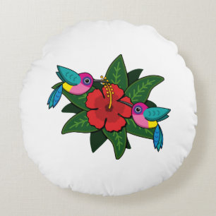 Cute Hummingbirds on Hibiscus Flower Cartoon - W Round Pillow