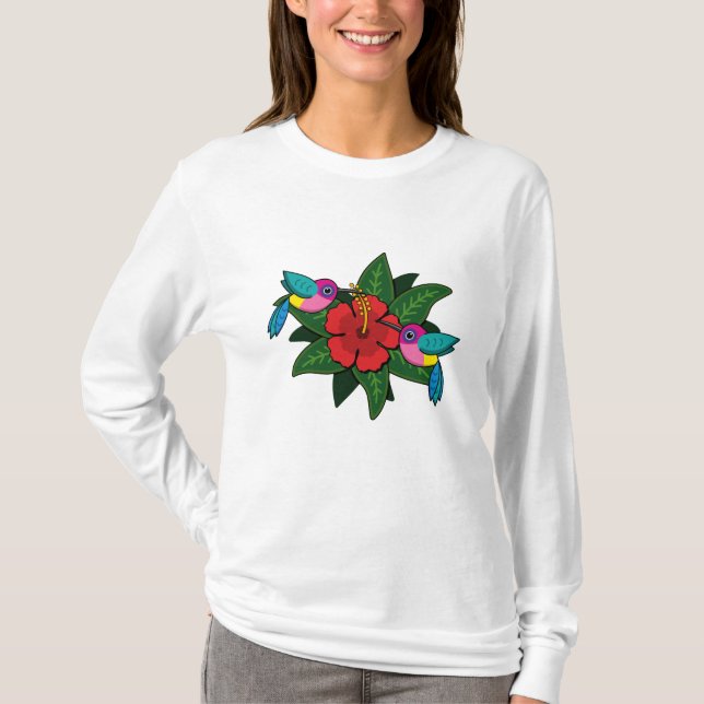 Cute Hummingbirds on Hibiscus Flower Cartoon - W T-Shirt (Front)