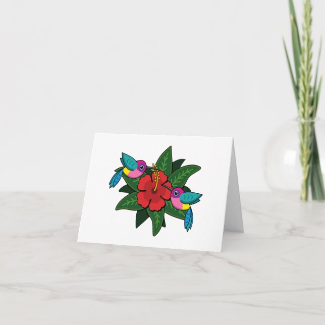 Cute Hummingbirds on Hibiscus Flower Cartoon - W Thank You Card (Front)