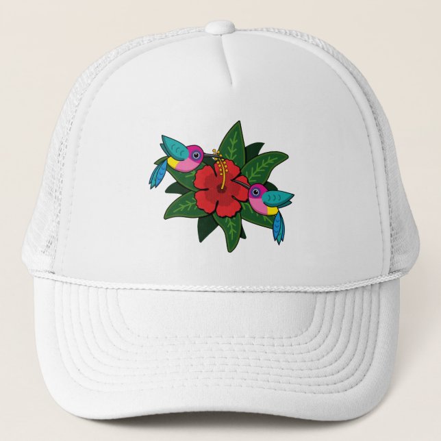 Cute Hummingbirds on Hibiscus Flower Cartoon - W Trucker Hat (Front)
