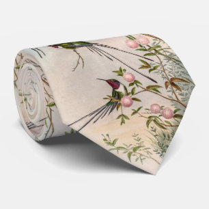 Cute Hummingbirds with Pink Flowers by John Gould Neck Tie