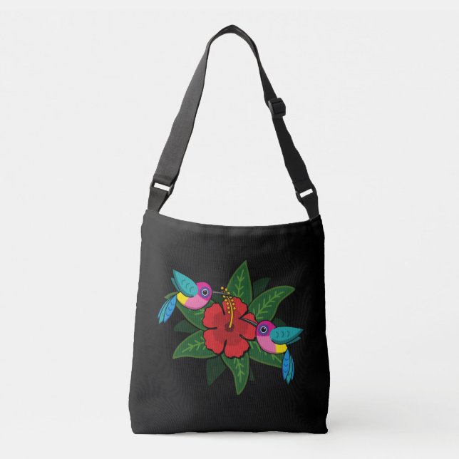 Cute Hummingsbirds on Hibiscus Flower Cartoon Crossbody Bag (Front)
