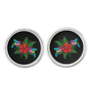 Cute Hummingsbirds on Hibiscus Flower Cartoon Cufflinks