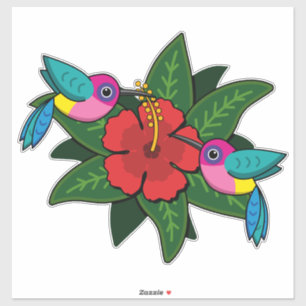 Cute Hummingsbirds on Hibiscus Flower Cartoon Sticker