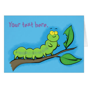 Cute, hungry green caterpillar cartoon. cards