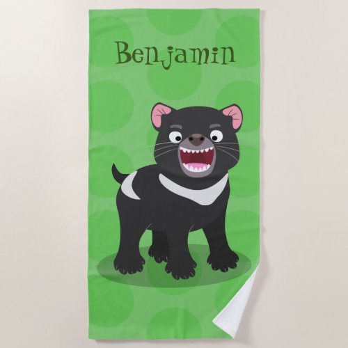 Cute hungry Tasmanian devil cartoon illustration Beach Towel