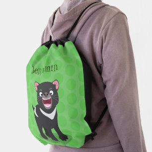 Cute hungry Tasmanian devil cartoon illustration Drawstring Bag