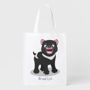 Cute hungry Tasmanian devil cartoon illustration Grocery Bag