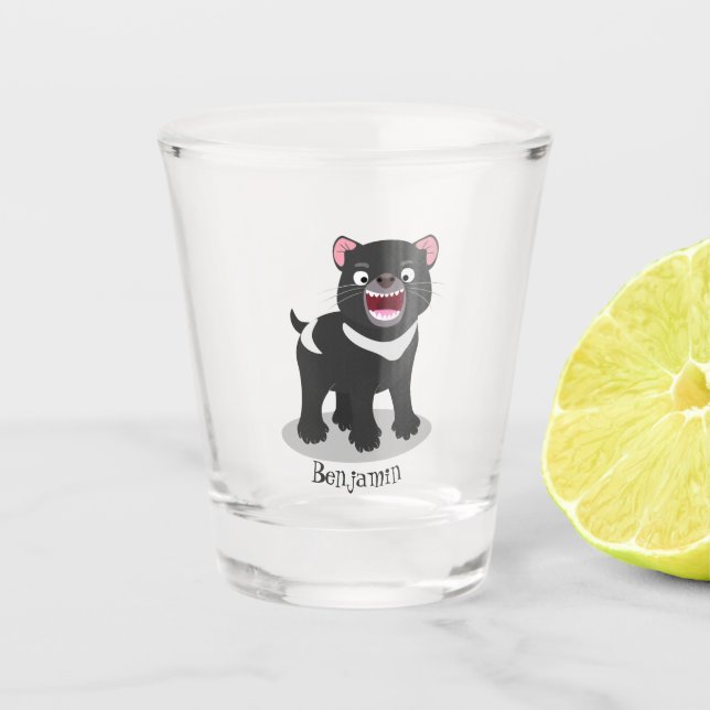 Cute hungry Tasmanian devil cartoon illustration  Shot Glass (Front)