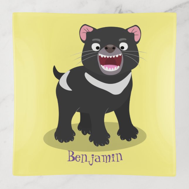 Cute hungry Tasmanian devil cartoon illustration Trinket Tray (Front)