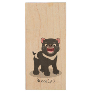 Cute hungry Tasmanian devil cartoon illustration Wood Flash Drive