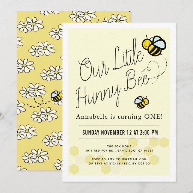 Cute Hunny Bee Yellow 1st Birthday Party Invitation (Front/Back)