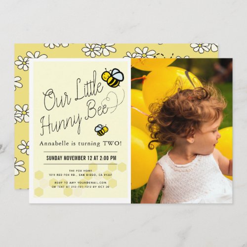 Cute Hunny Bee Yellow Kids Photo Birthday Party Invitation