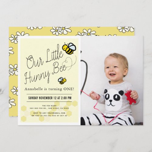 Cute Hunny Bee Yellow Photo 1st Birthday Party Invitation