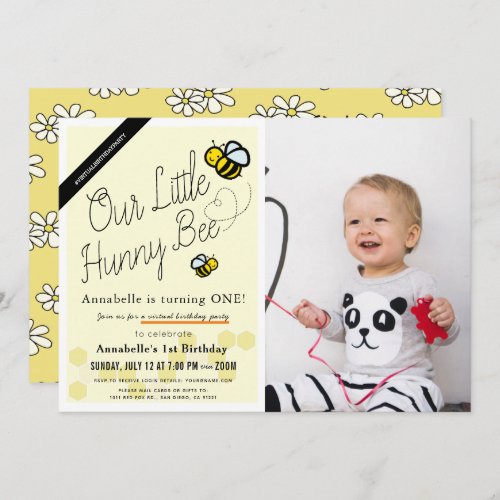 Cute Hunny Bee Yellow Photo Virtual 1st Birthday Invitation