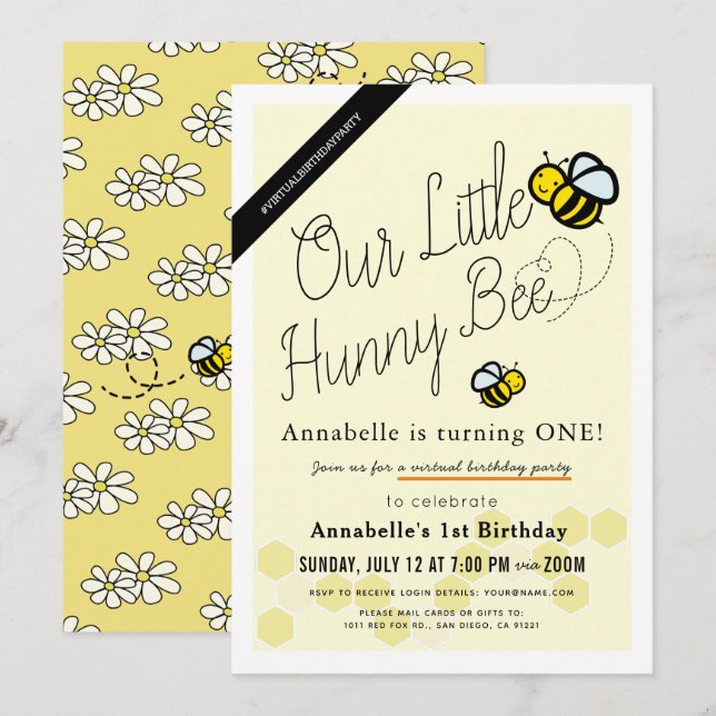 Cute Hunny Bee Yellow Virtual 1st Birthday Party Invitation (Front/Back)