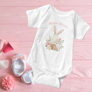 Cute Hunny Bunny Typography Rabbit Pink Girl Baby Bodysuit