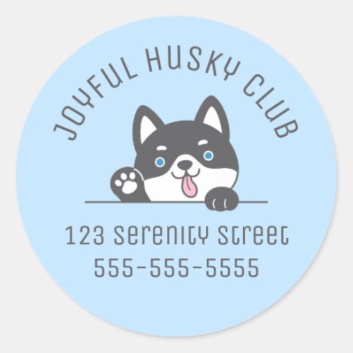 Cute Husky Dog Blue Custom Text Classic Round Sticker