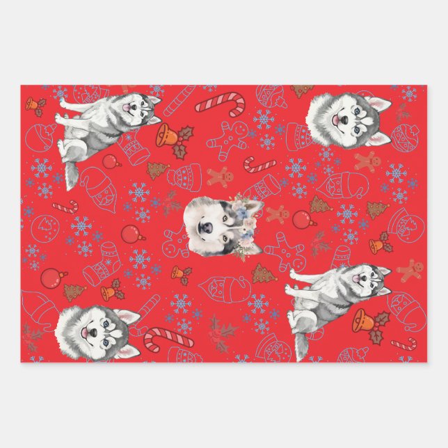 Cute Husky Dog Christmas Winter Seamless Pattern  Wrapping Paper Sheets (Front)