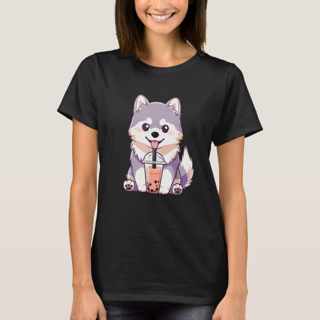 Cute Husky Dog Drinking Bubble Milk Tea  Dog T-Shirt (Front)