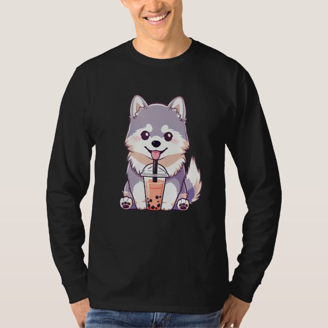 Cute Husky Dog Drinking Bubble Milk Tea  Dog T-Shirt (Front)