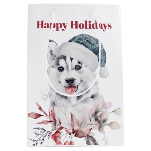 Cute Husky Dog Happy Holidays  Medium Gift Bag