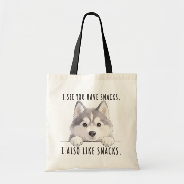 Cute Husky Dog Snacks Quote Funny Minimalist Tote Bag (Front)