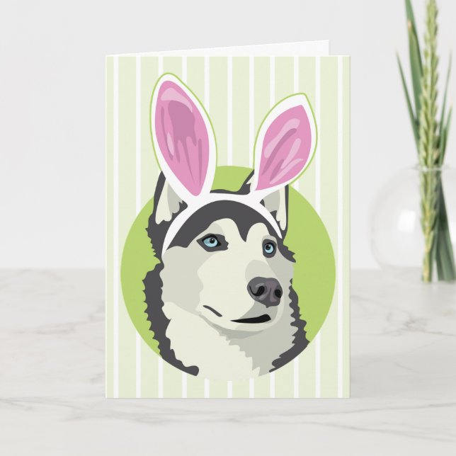 Cute Husky Dog With Easter Bunny Ears Happy Easter Holiday Card (Front)