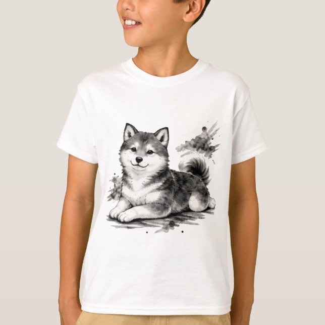 【Cute Husky Puppy Japanese Ink Art Kids T-Shirt】 T-Shirt (Front)