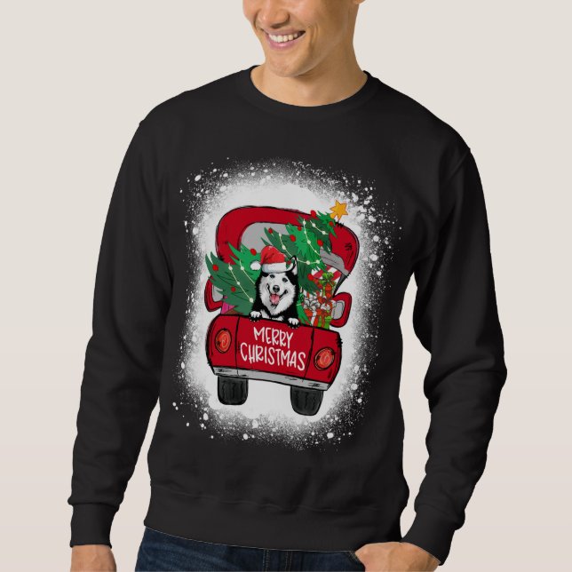 Cute Husky Red Truck Merry Christmas Bleached Sweatshirt (Front)