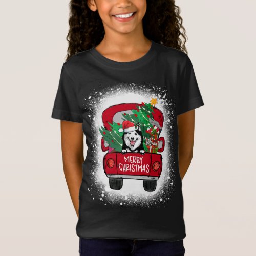 Cute Husky Red Truck Merry Christmas Bleached T_Shirt