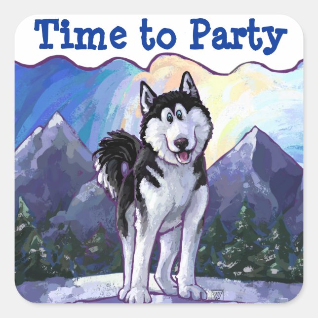 Cute Husky Time to Party Square Sticker (Front)