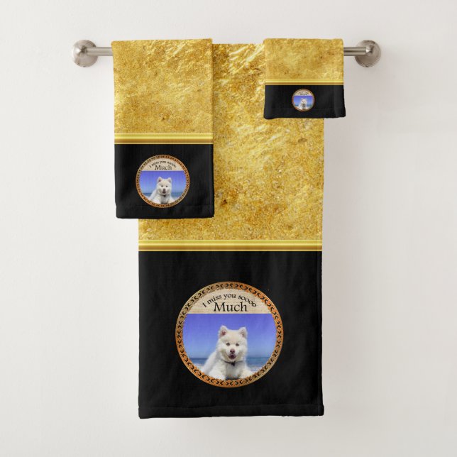 Cute Husky's with blue eye sitting on the beach Bath Towel Set (Insitu)