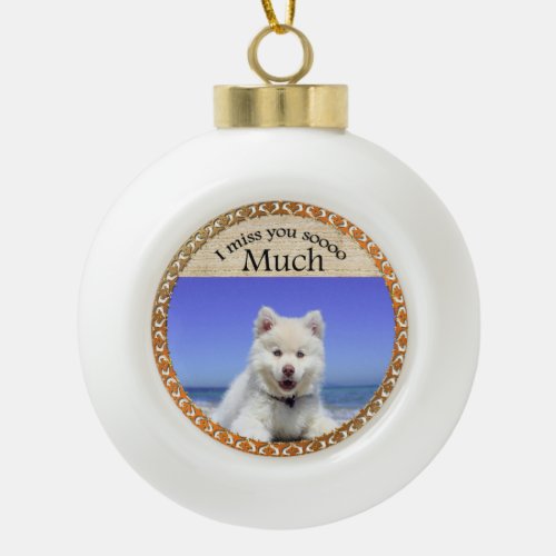 Cute Huskys with blue eye sitting on the beach Ceramic Ball Christmas Ornament