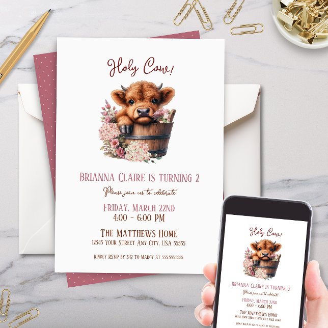 Cute Hydrangea Pink Floral Farm Animals Birthday Invitation (cute pink floral highland cow birthday party invitation for little girl with hydrangea wildflowers)