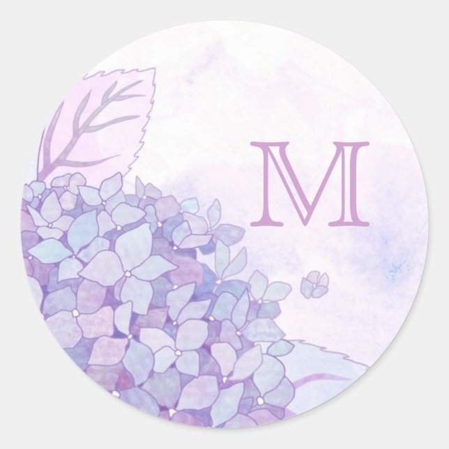 Cute Hydrangeas Wedding Favor Monogram Classic Round Sticker (Front)