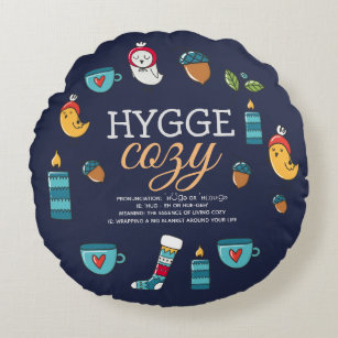 Cute Hygge Meaning Cozy Doodle Folk Art Custom Round Pillow