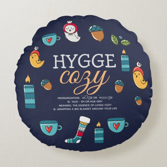 Cute Hygge Meaning Cozy Doodle Folk Art Custom Round Pillow (Front)