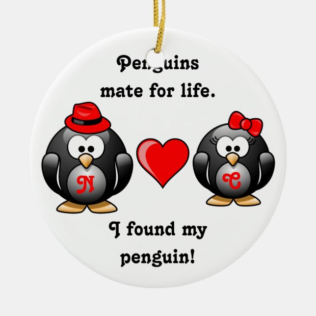 Cute I Found My Penguin Mate for Life Red Heart Ceramic Ornament (Front)