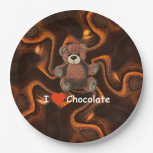 Cute I Heart (Love) Chocolate Teddy Bear Paper Plates