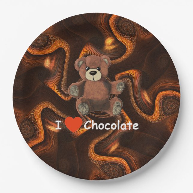 Cute I Heart (Love) Chocolate Teddy Bear Paper Plates (Front)